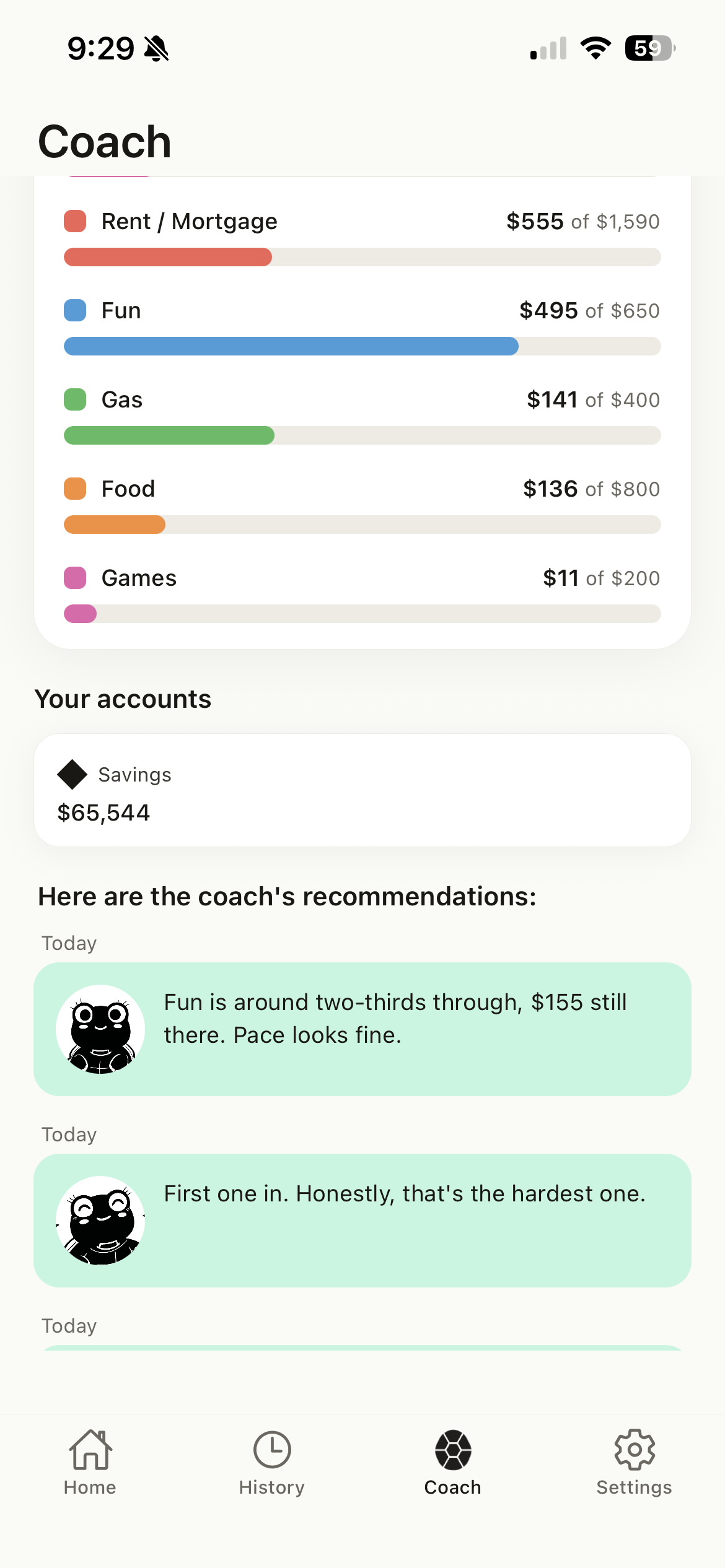 Coach tab: budget bars and the turtle's messages